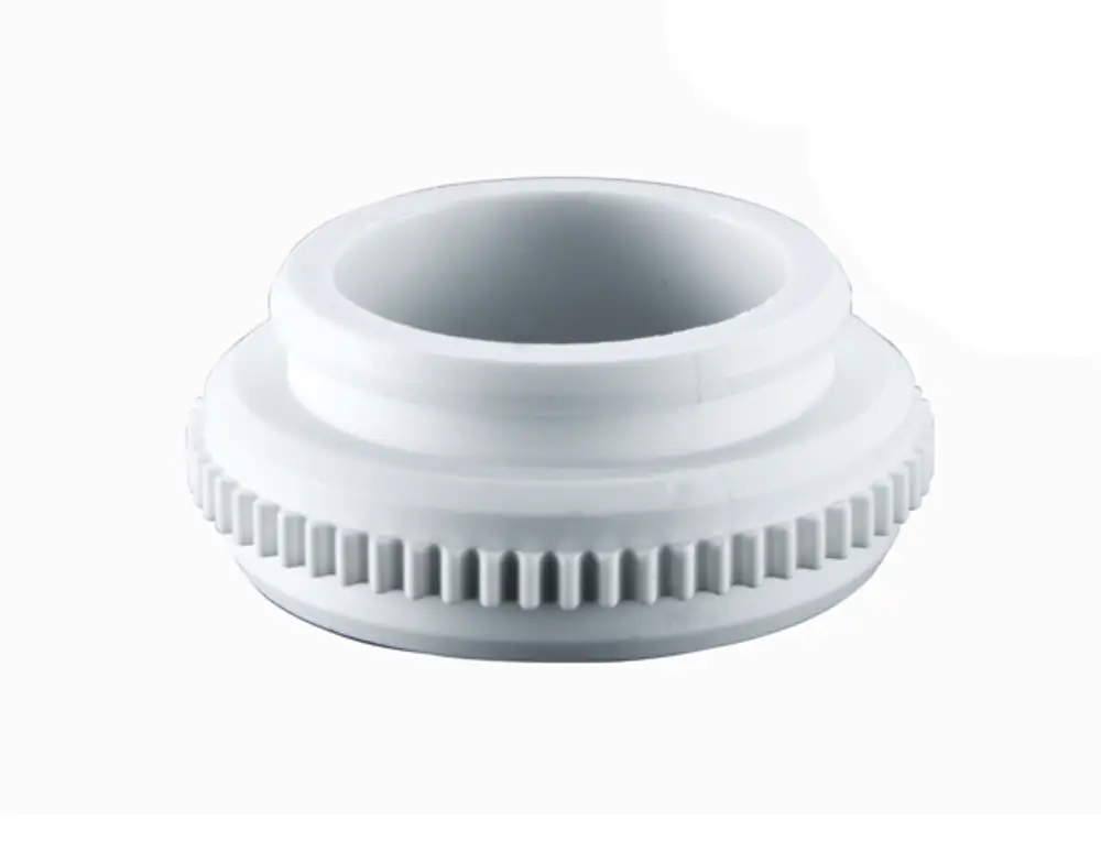 Weißer Ventiladapter von Oventrop mit geriffeltem Rand, geeignet für Ventile mit Gewindeanschluss. Ansicht auf einer neutralen Unterlage.